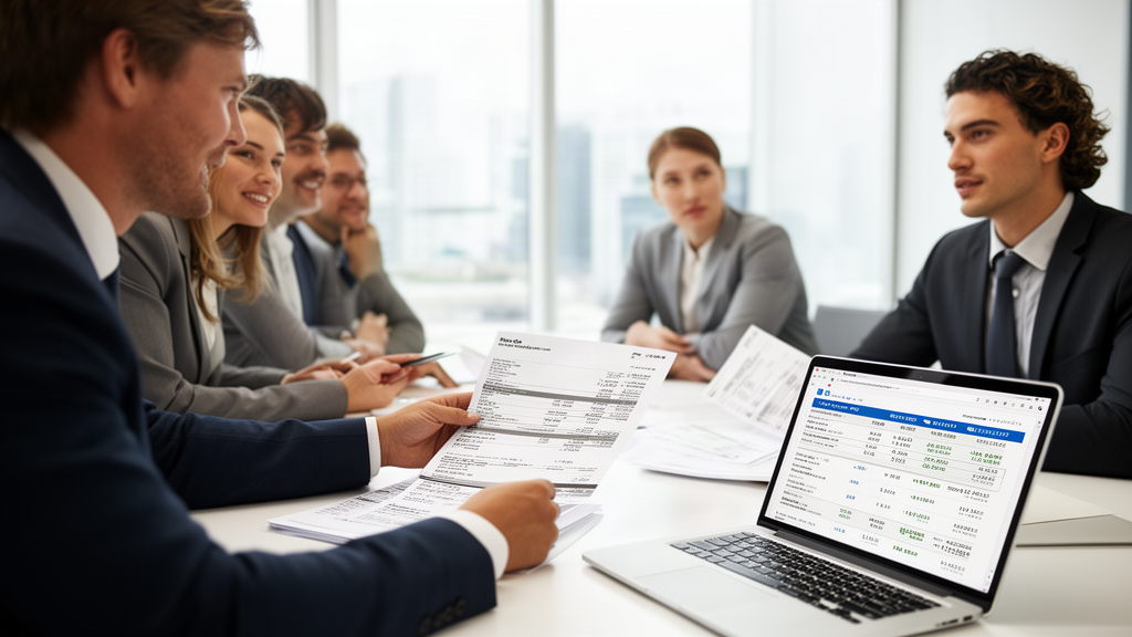 Equipe financeira em reunião revisando extratos e contratos em escritório corporativo iluminado