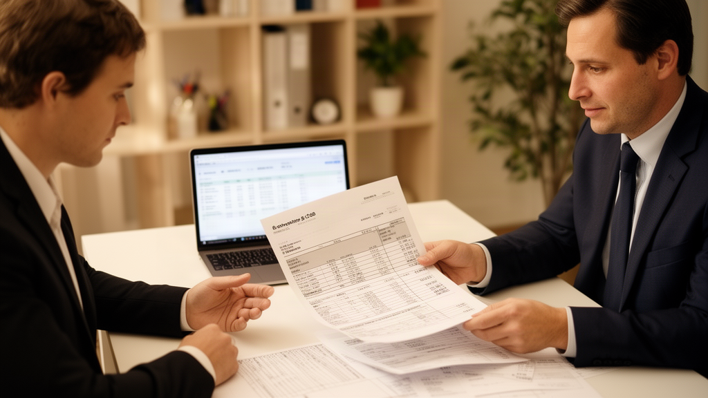 Advogado e diretor financeiro revisando planilha e notas fiscais em sala corporativa