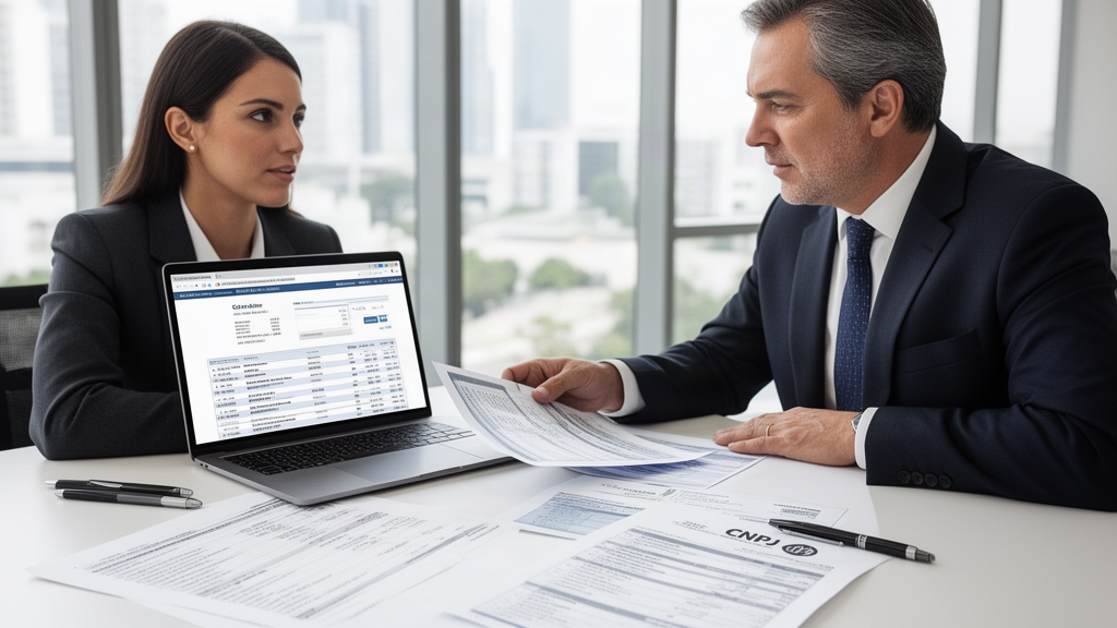 Advogado e CFO revisando extratos e documentos financeiros em escritório corporativo bem iluminado.