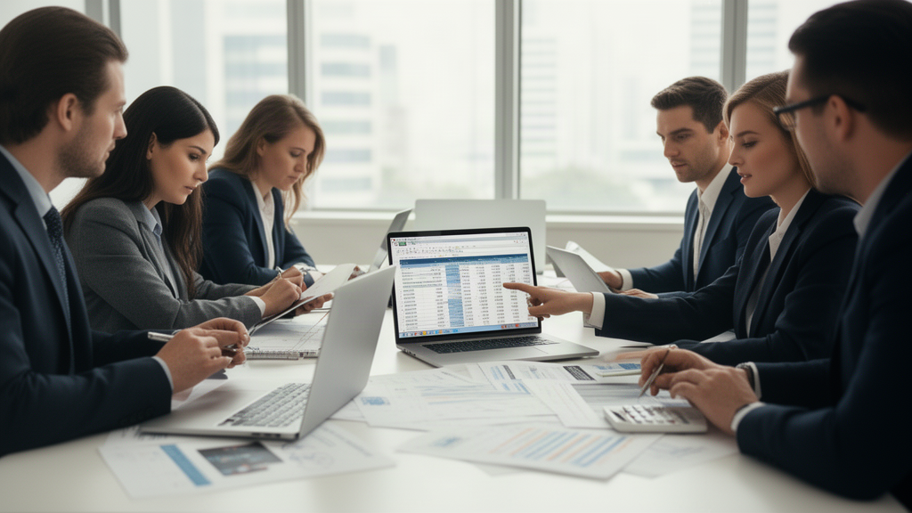 Equipe empresarial analisando planilhas e demonstrativos financeiros em reunião clara de escritório