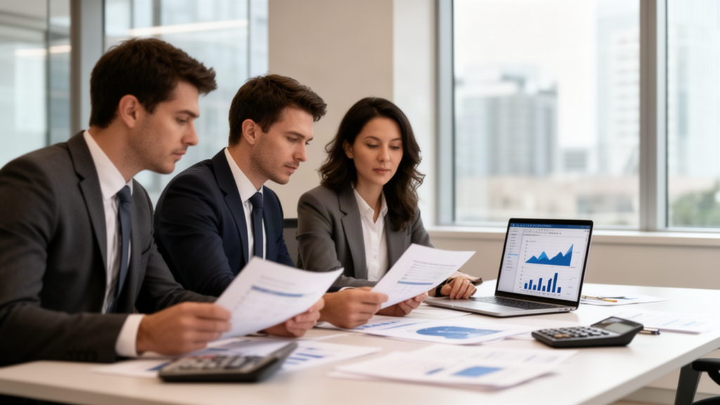 Equipe empresarial analisando documentos financeiros e gráfico em laptop em escritório claro