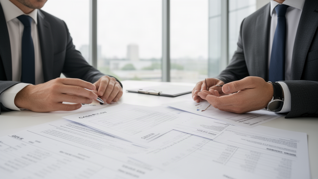 Advogados e CFO analisando fluxo de caixa e extratos em escritório moderno, foco em documentos