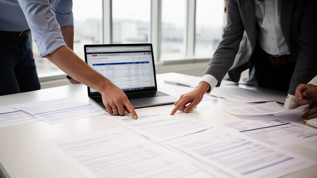 Equipe financeira revisando contratos e extratos em escritório corporativo, luz natural