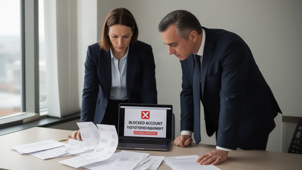 Advogado e diretor financeiro analisando extratos e documentos sobre penhora de faturamento da filial em escritório