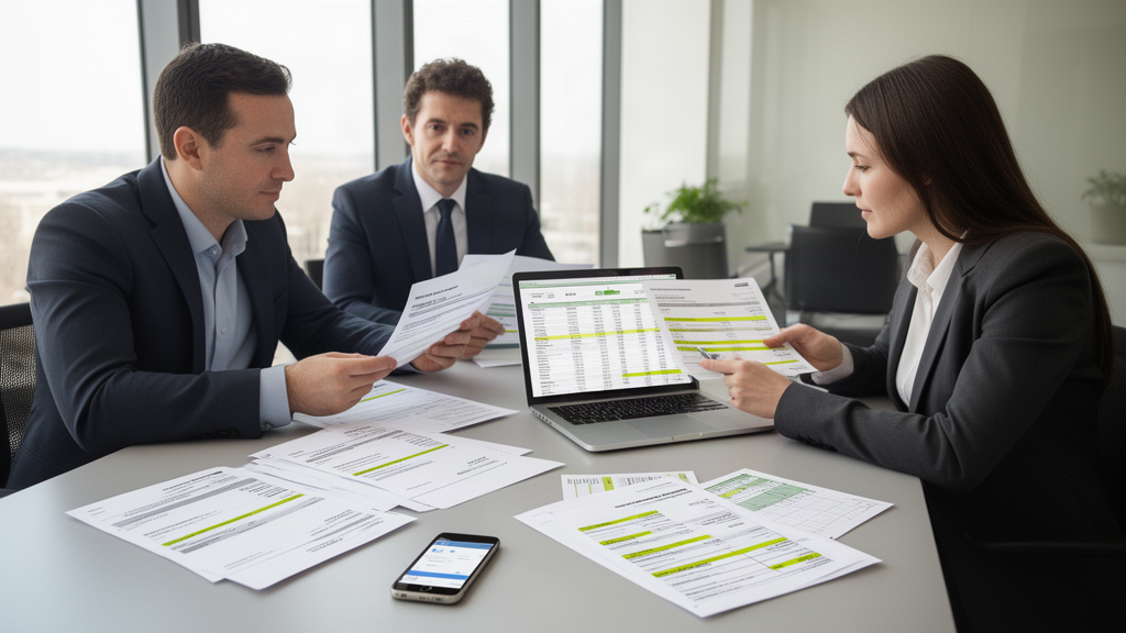 Equipe analisando extratos bancários e planilha financeira em escritório moderno