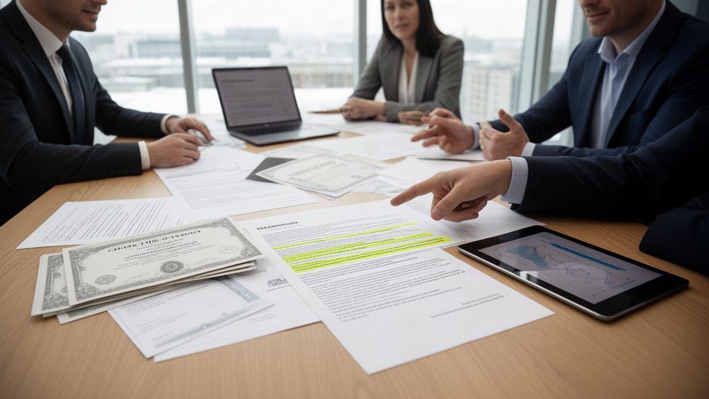 Equipe empresarial e advogados analisando documentos societários em escritório moderno, luz natural
