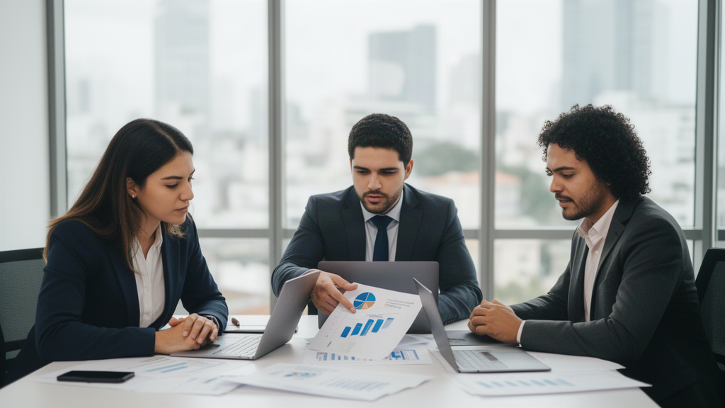 Reunião corporativa de sócios em escritório moderno analisando documentos financeiros