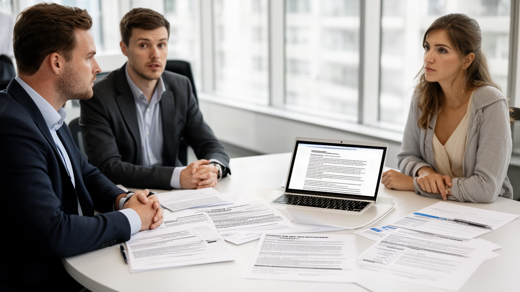 Sócios e advogado revisando contratos bancários em sala corporativa iluminada