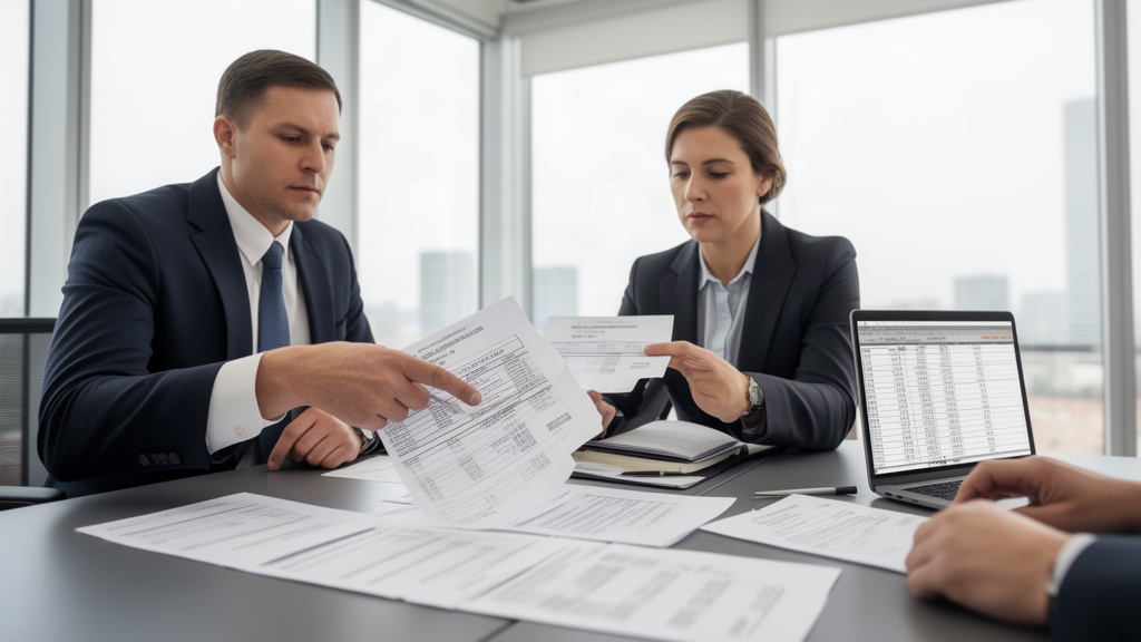 Advogado e contador analisando extratos e planilha em sala corporativa clara