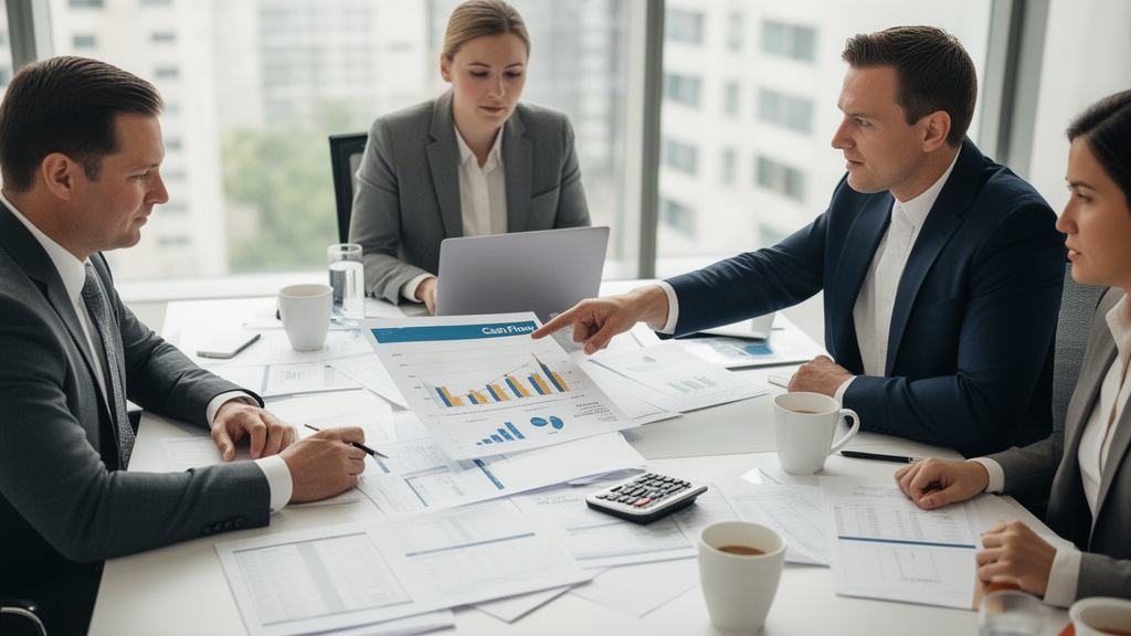 Equipe empresarial revisando planilha de fluxo de caixa e contrato bancário em sala clara