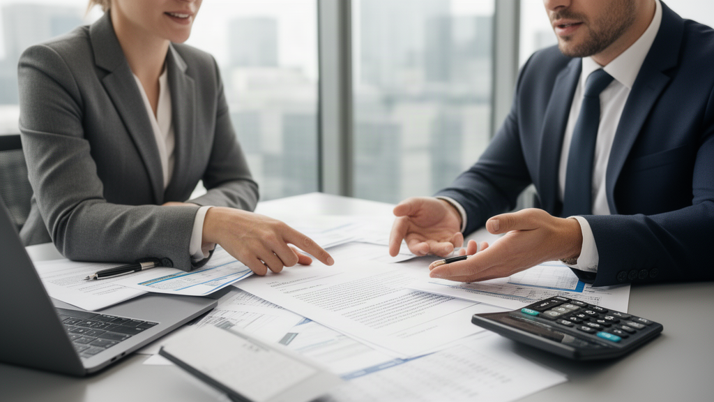 Dois profissionais discutindo contrato e planilhas financeiras em escritório corporativo com luz natural
