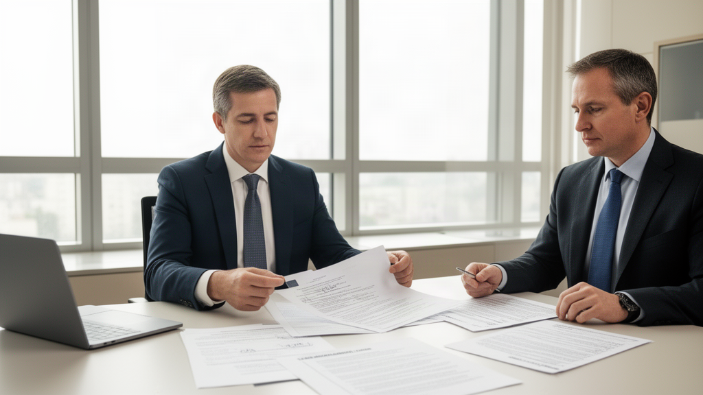 Advogado e diretor empresarial revisando contratos de renegociação em mesa de reunião, iluminação natural