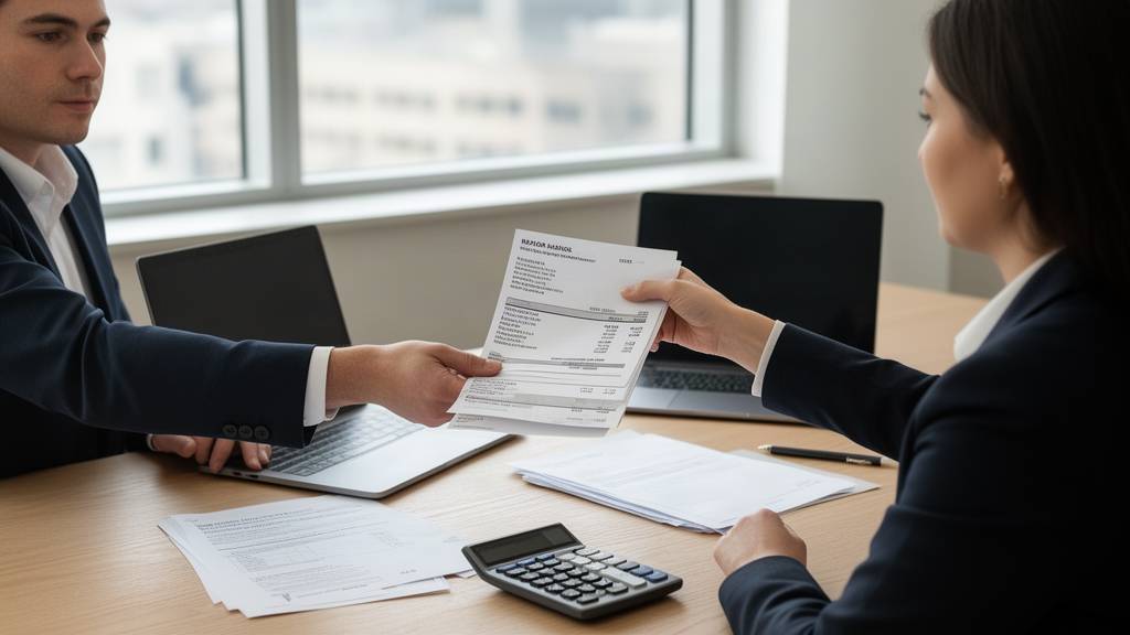 Profissionais em escritório financeiro analisando extratos bancários e documentos empresariais