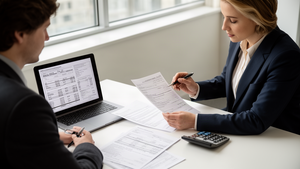 Executivos analisando extratos bancários e contrato em escritório claro, calcadora e laptop sobre a mesa