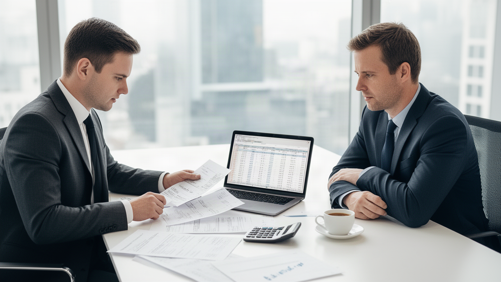 Advogado e gestor empresarial analisando extratos e planilha em escritório moderno