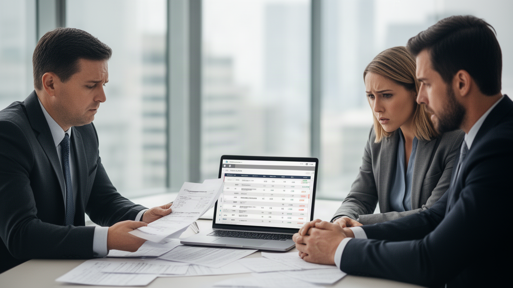 Equipe empresarial analisando extratos bancários e renegociação em sala corporativa