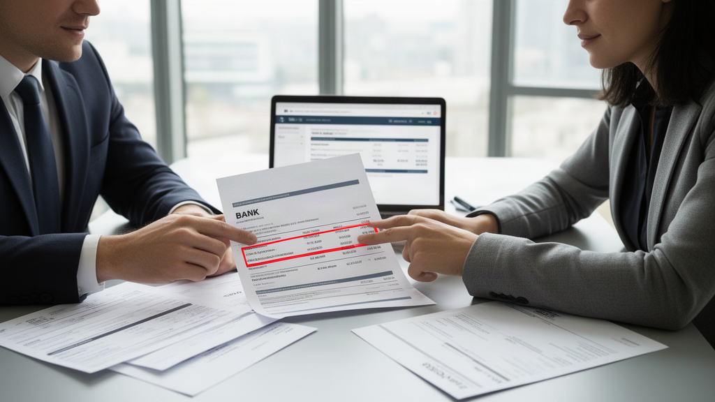 Profissionais analisando extrato bancário e documentos em escritório corporativo