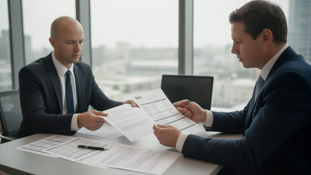 Advogada e empresário conferindo extratos e contrato em escritório moderno, luz natural