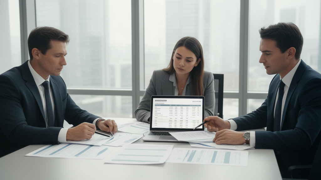 Reunião corporativa analisando contratos e planilhas de renegociação de dívida