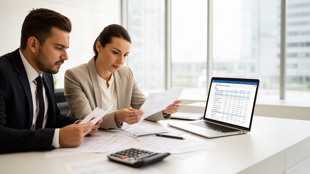 Dois profissionais em escritório corporativo analisando extratos bancários e planilha no laptop