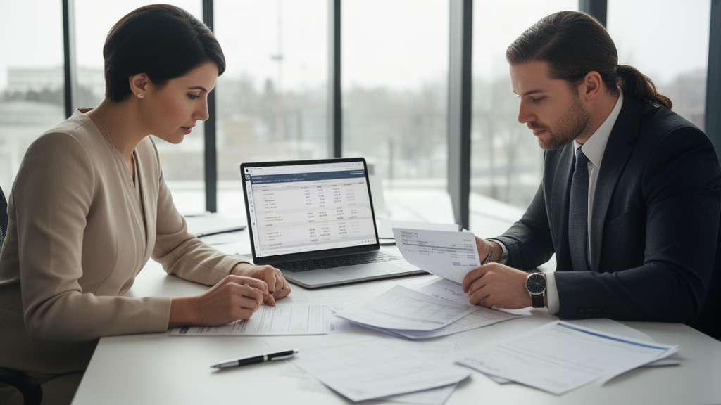 Empresário e contador analisando extratos bancários e planilha em escritório corporativo