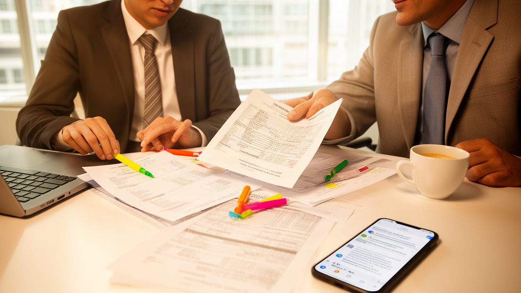 Advogado e diretor financeiro analisando extratos e planilha em escritório claro