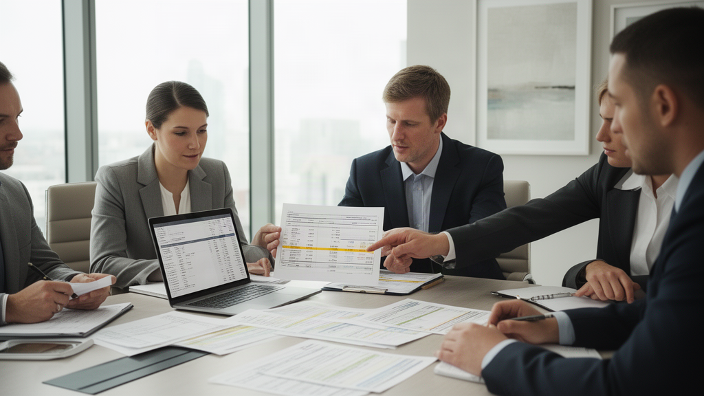 Equipe empresarial analisando extratos e planilhas em sala clara para verificar tarifas bancárias